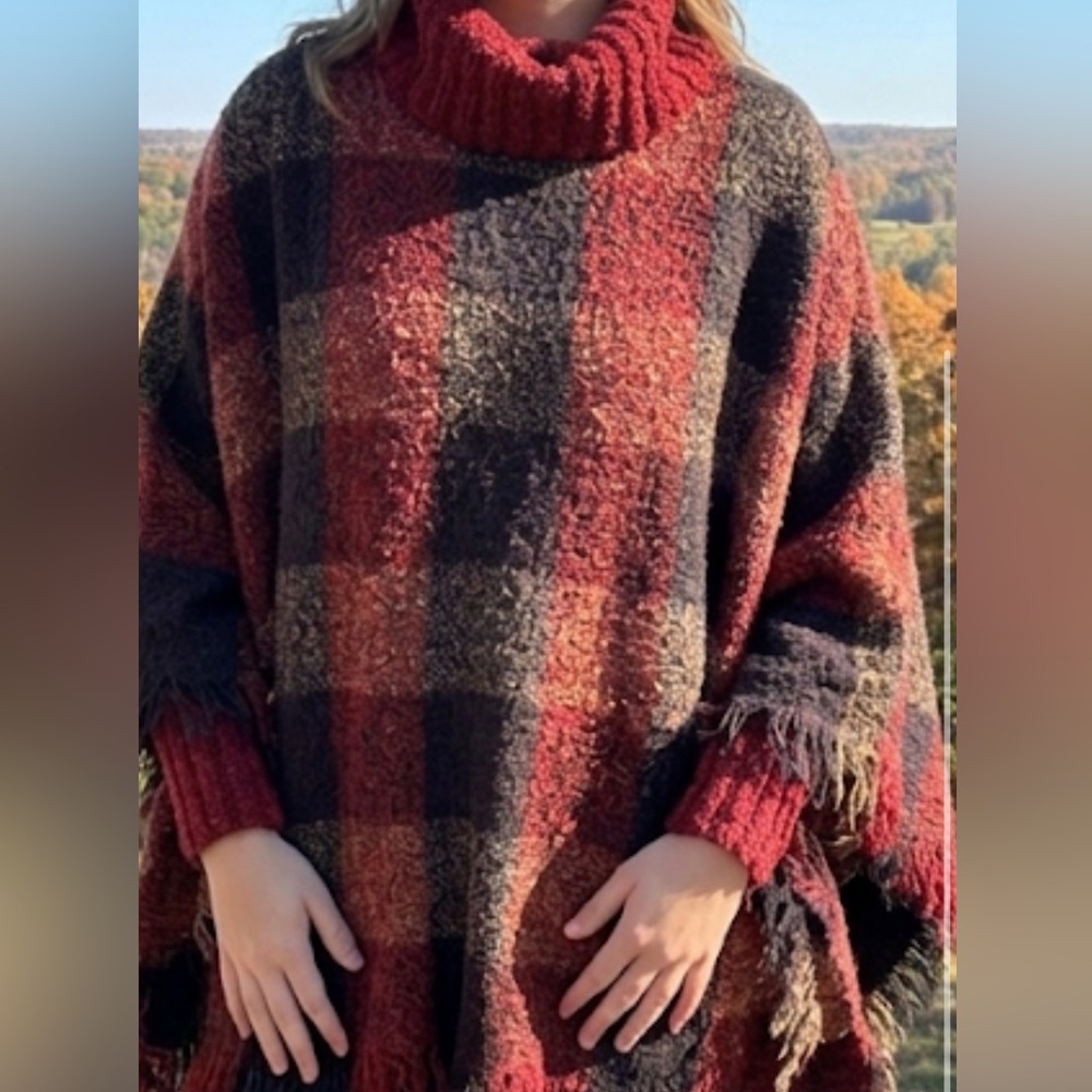 Cozy Red Plaid Poncho Sweater
